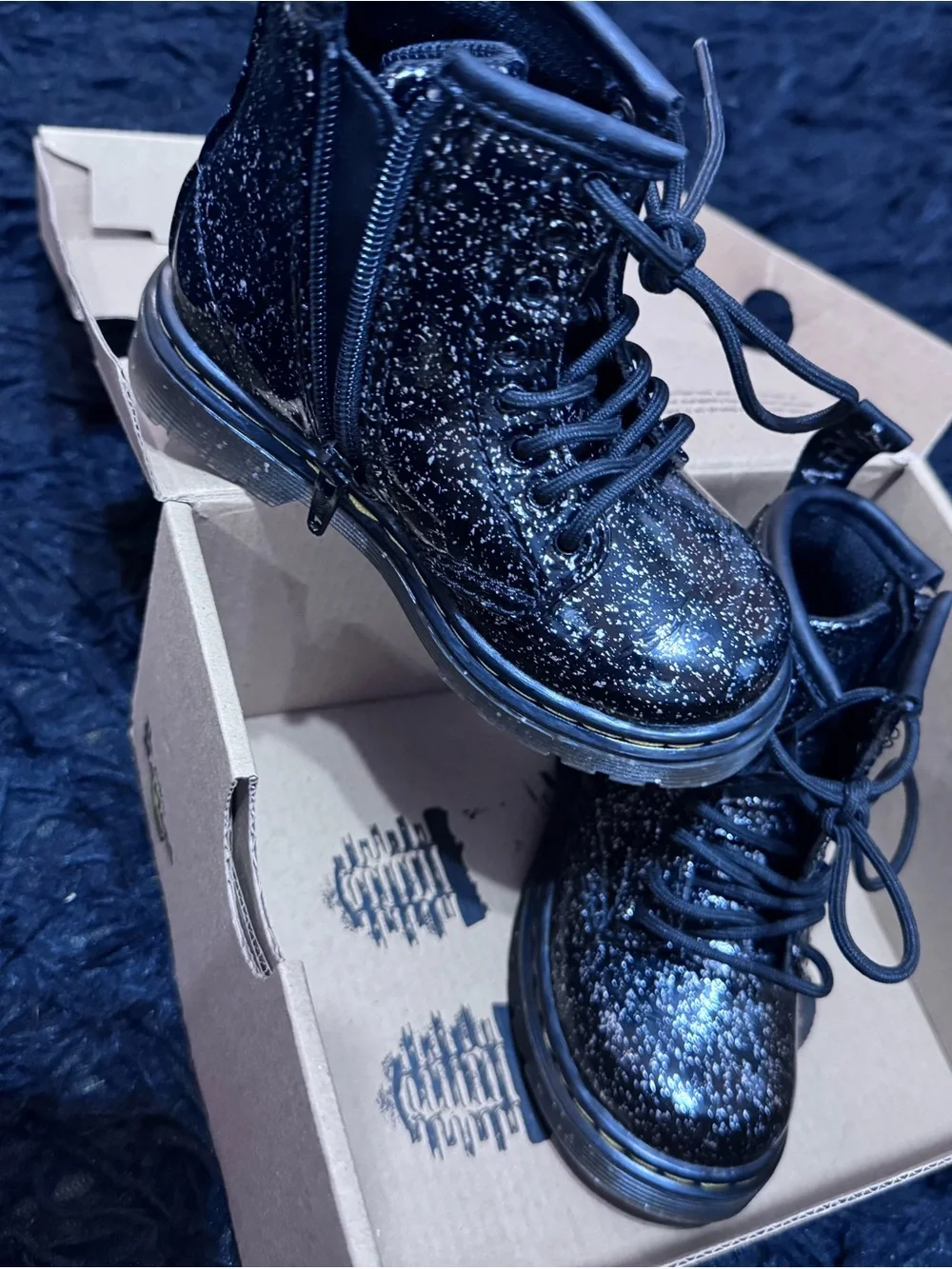 Dr. Martens Black Glitter Lace-Up Combat Boots. Toddler 7